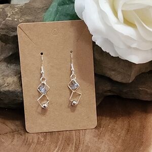 Dainty Blue Crystal With Silver Toned Squares & Balls Dangle Drop Hook Earrings